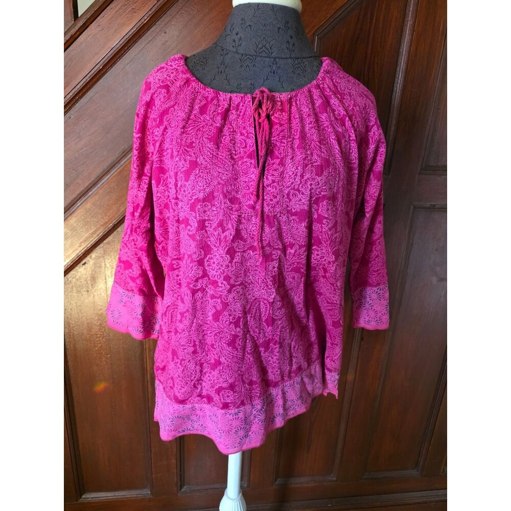 Eddie Bauer Womens Pink Floral Paisley Top L 100% Cotton 3/4 Sleeve